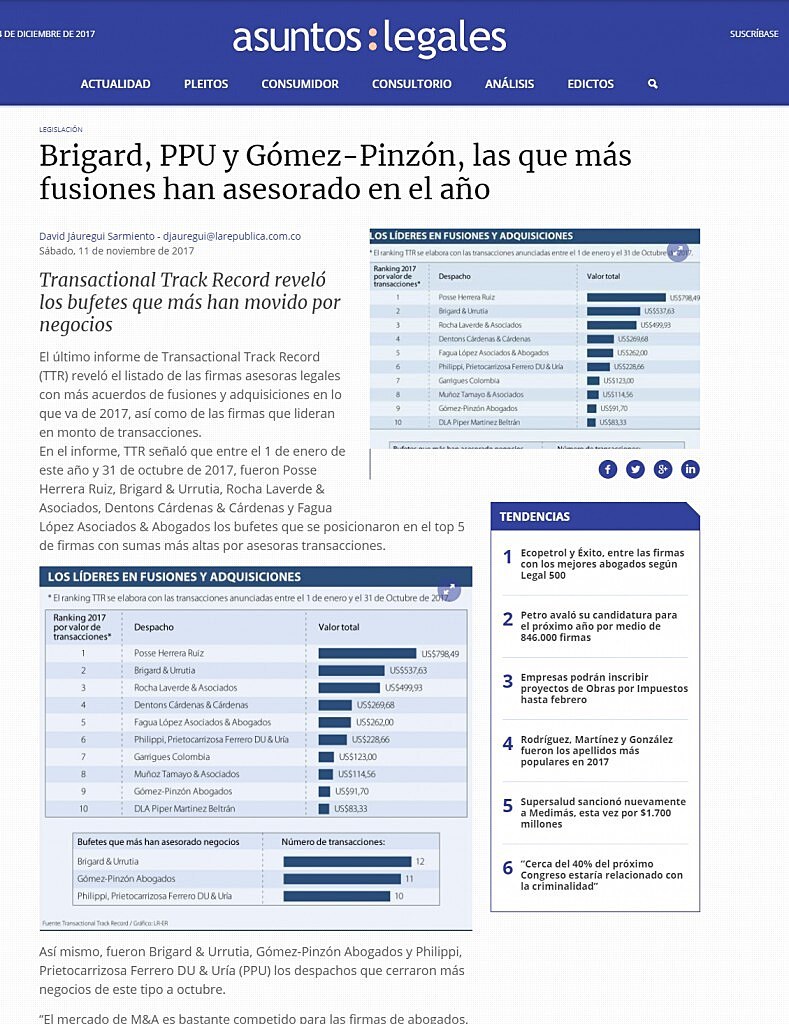 Brigard, PPU y Gmez-Pinzn, las que ms fusiones han asesorado en el ao